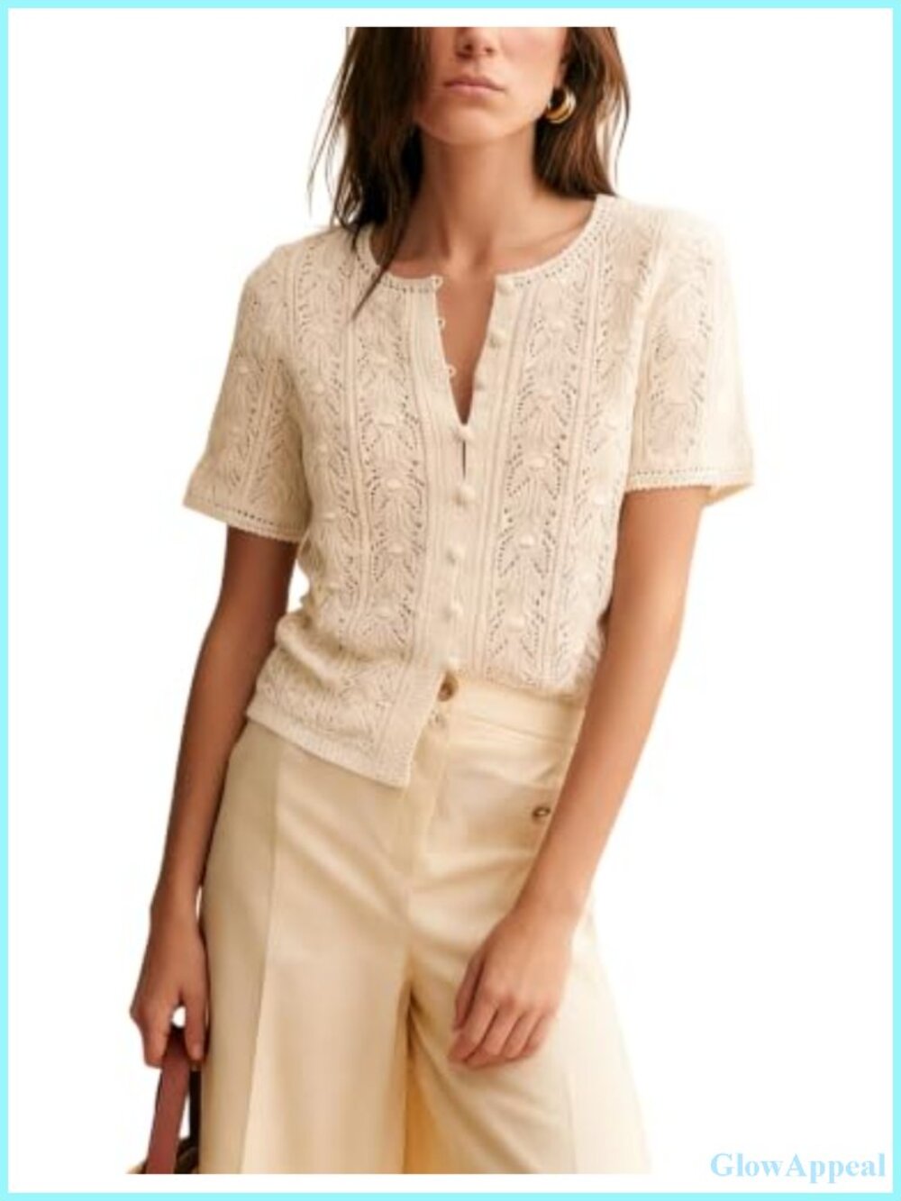 Women's Crochet Knit Cardigan Lightweight Cotton Short Sleeve Button Up